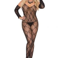 Elegant Moments PS Stockings-Bodystk Plus Size Black Bow Lace Bodystocking