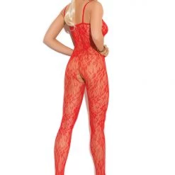 Elegant Moments PS Stockings-Bodystk Plus Size Black Or Red Rose Lace Bodystocking