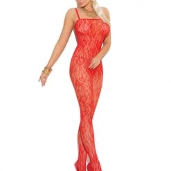 Elegant Moments PS Stockings-Bodystk Plus Size Black Or Red Rose Lace Bodystocking