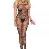 Elegant Moments PS Stockings-Bodystk Plus Size Black Or Red Rose Lace Bodystocking