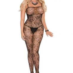 Elegant Moments PS Stockings-Bodystk Plus Size Black Or Red Rose Lace Bodystocking