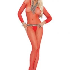 Elegant Moments Fishnet Long Sleeve Bodystocking Red Or Black