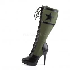 Pleaser Front Lace-Up Knee High Military Boot With Star And 4-inch Spike Heel