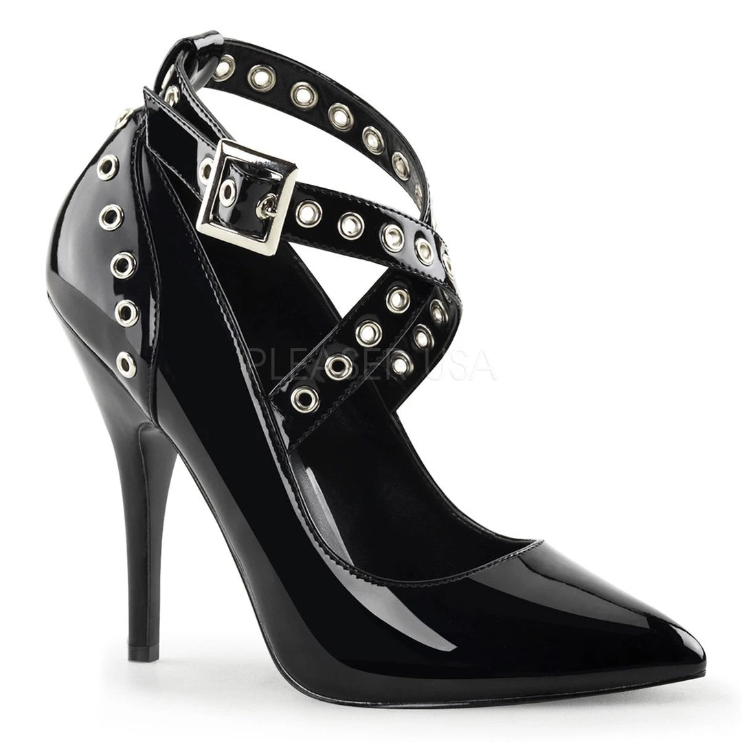 Pleaser Black Crisscross Ankle Strap Fetish Pump Shoes With 5-inch Spike Heels PS-SEDUCE-443