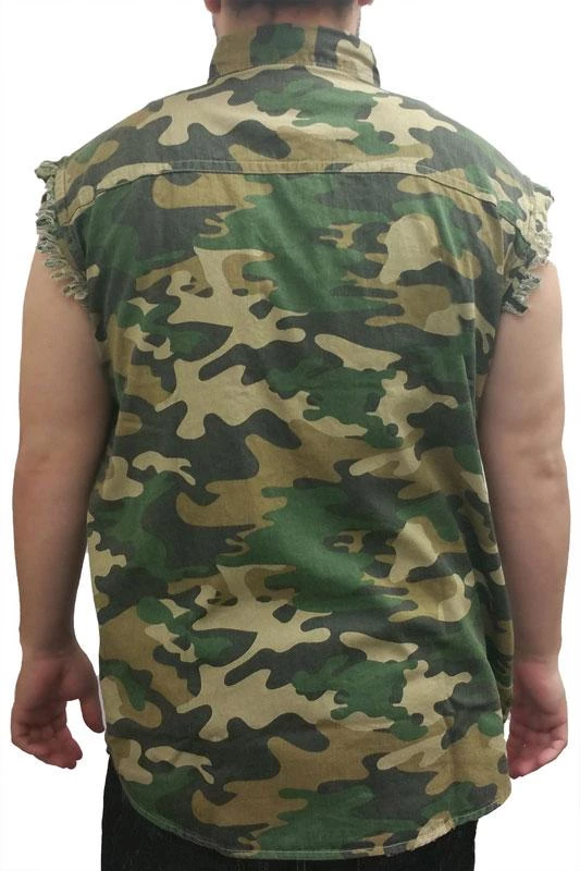 Shore Trendz Men's Wear Camouflage Frayed Sleeveless Men's Denim Biker Shirt