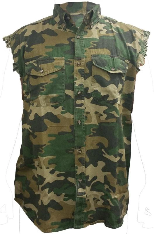 Shore Trendz Men's Wear Camouflage Frayed Sleeveless Men's Denim Biker Shirt