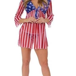 Shore Trendz American Flag Sheer Long Sleeve Beach Dress Cover-up
