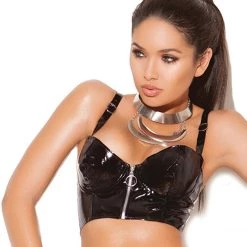 Elegant Moments Zip Front Vinyl Top With Underwire Cups Leather-Vinyl